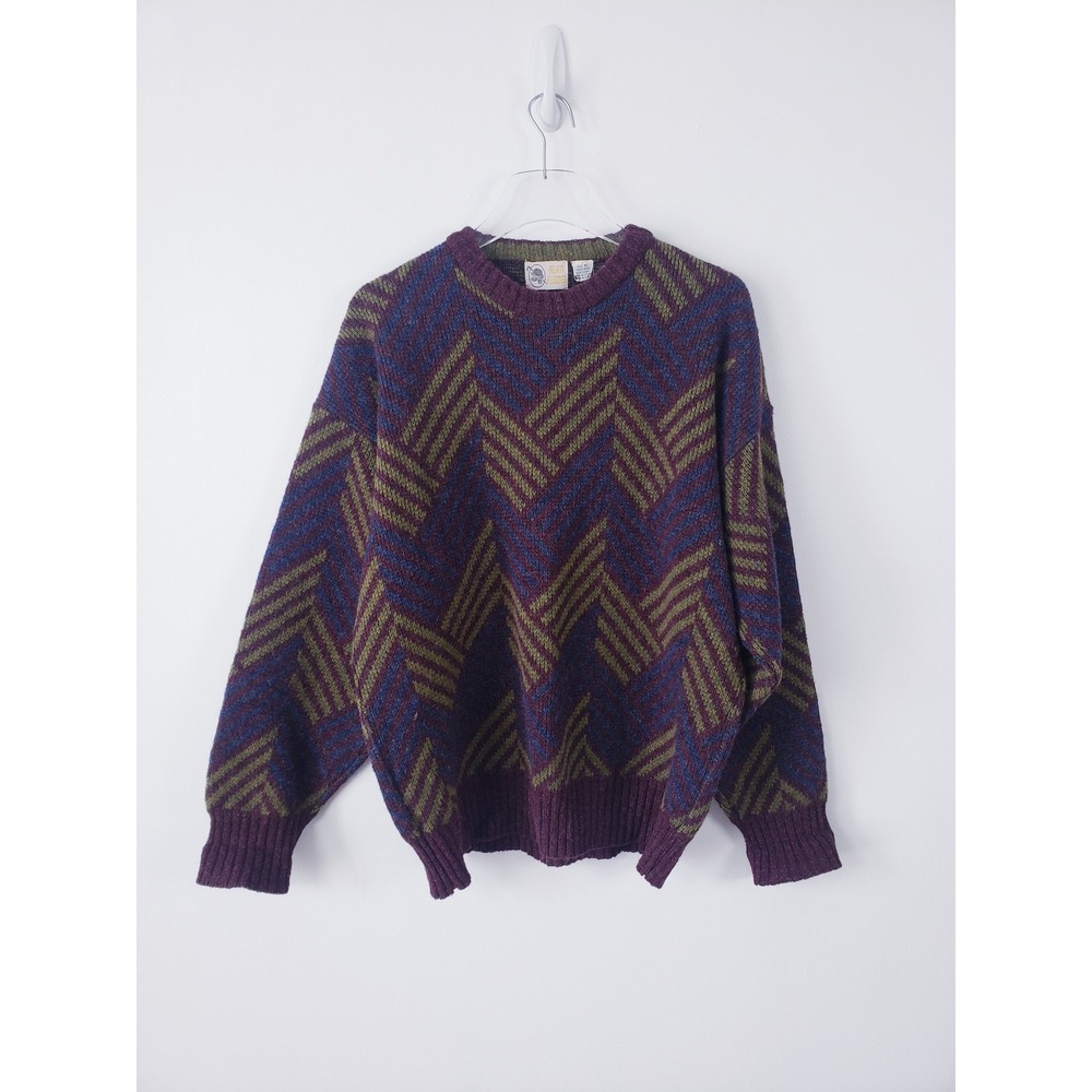 Vintage 90s Alan Flusser Sweater Purple Chevron Geometric Knit Wool Mens XL